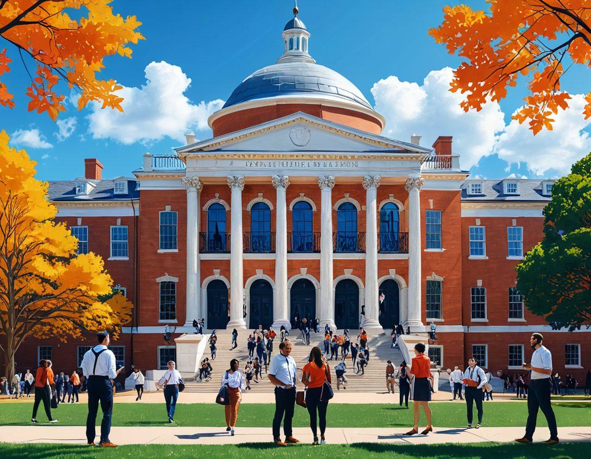 A dynamic and diverse group of people from different professions, all interacting positively in a scenic university campus setting with UVA banners and iconic buildings in the background. Illustrate various career tools like resumes, laptops, and job listings. vibrant colors. vector art.